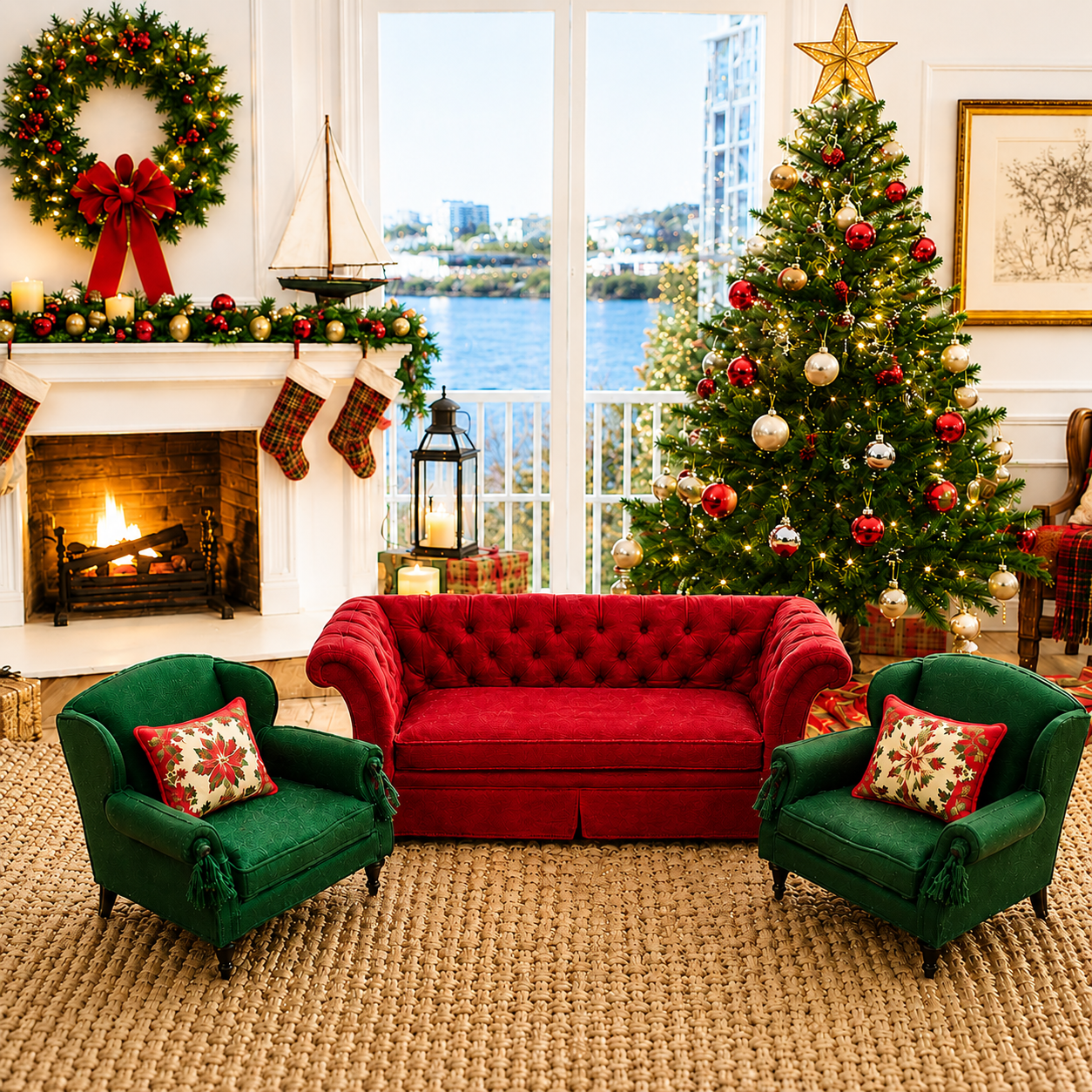 Dollhouse Christmas Lounge Set | 1:12 Miniature Furniture | Red Chesterfield Sofa Green Armchairs | Luxury Holiday Decor