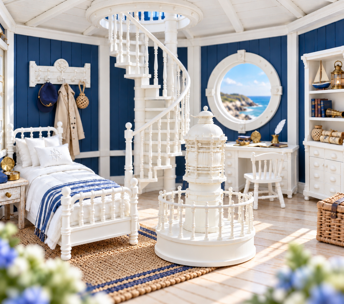 The Lighthouse Keeper’s Cottage Collection | 1:12 Scale Nautical Dollhouse Furniture and  Beacon Set up