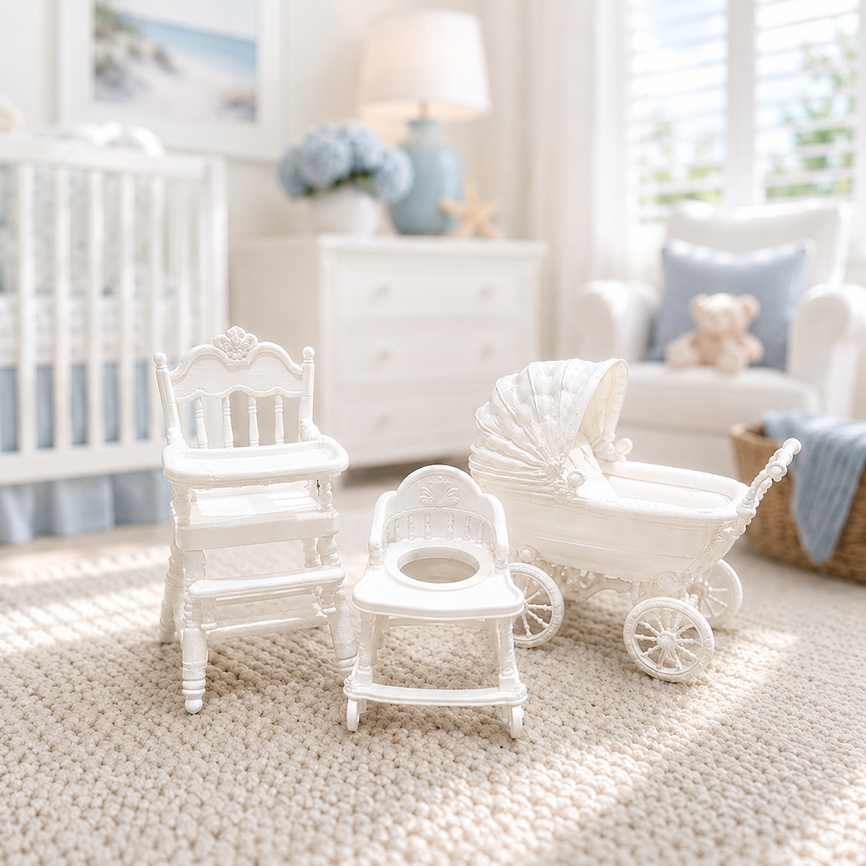Miniature Nursery Furniture Set | 1:12 Dollhouse Baby Pram, High Chair & Walker | Hamptons Nursery