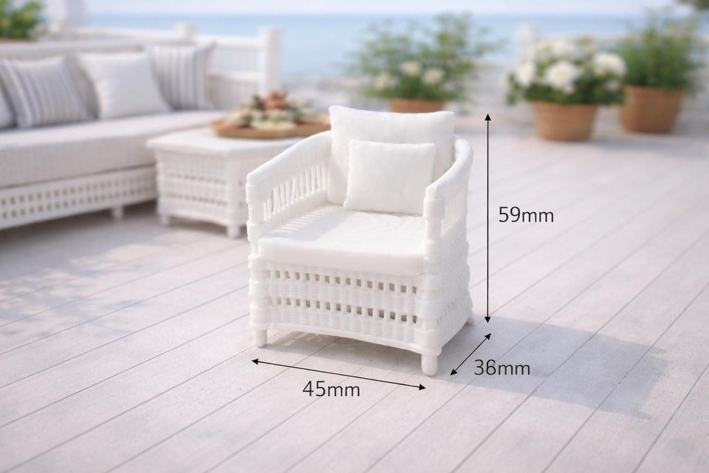 Dollhouse Hamptons Wicker Armchair | 1:12 Coastal Miniature Furniture | White Rattan Lounge Chair with Cushions