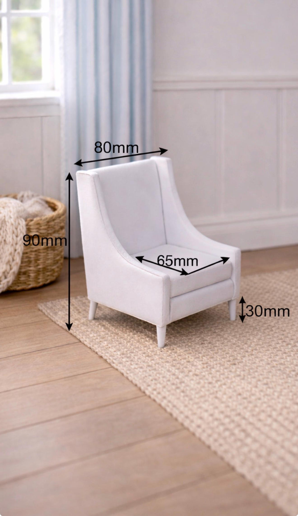 Dollhouse Hamptons Wingback Armchair | 1:12 Coastal Miniature Furniture | White Upholstered Accent Chair