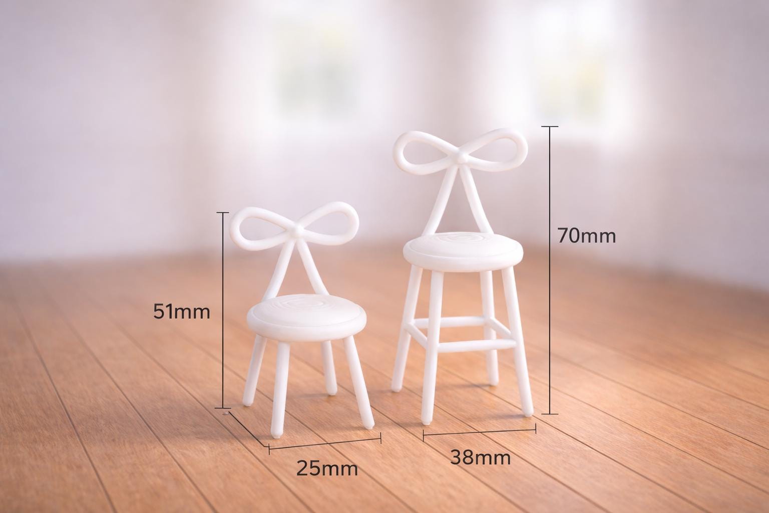 Dollhouse Bow Stool Set | 1:12 Hamptons Coastal Miniature Furniture | White Bow Back Counter & Vanity Stools