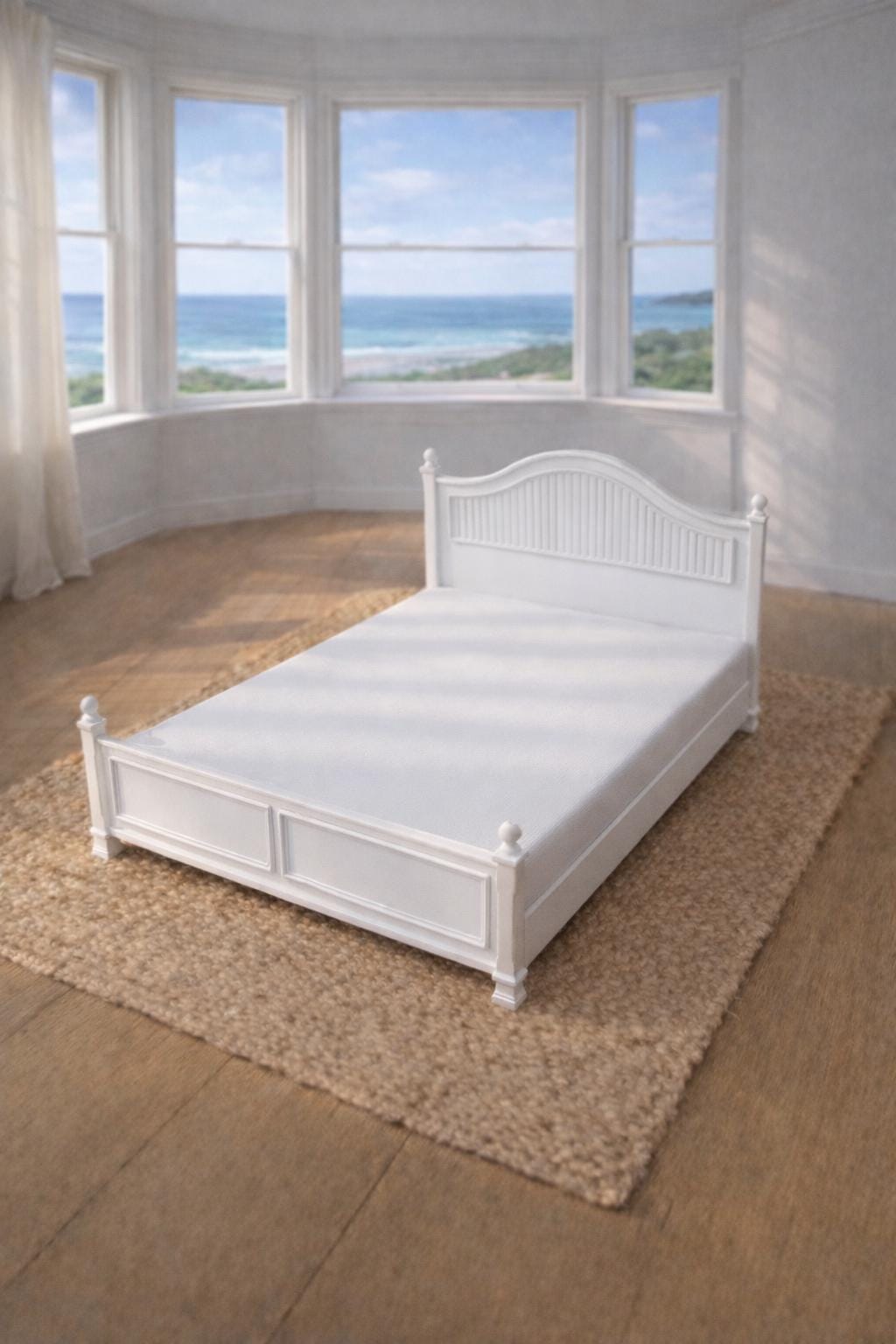 Dollhouse Hamptons Coastal Bed | 1:12 Miniature Bedroom Furniture | White Panel Bed Frame