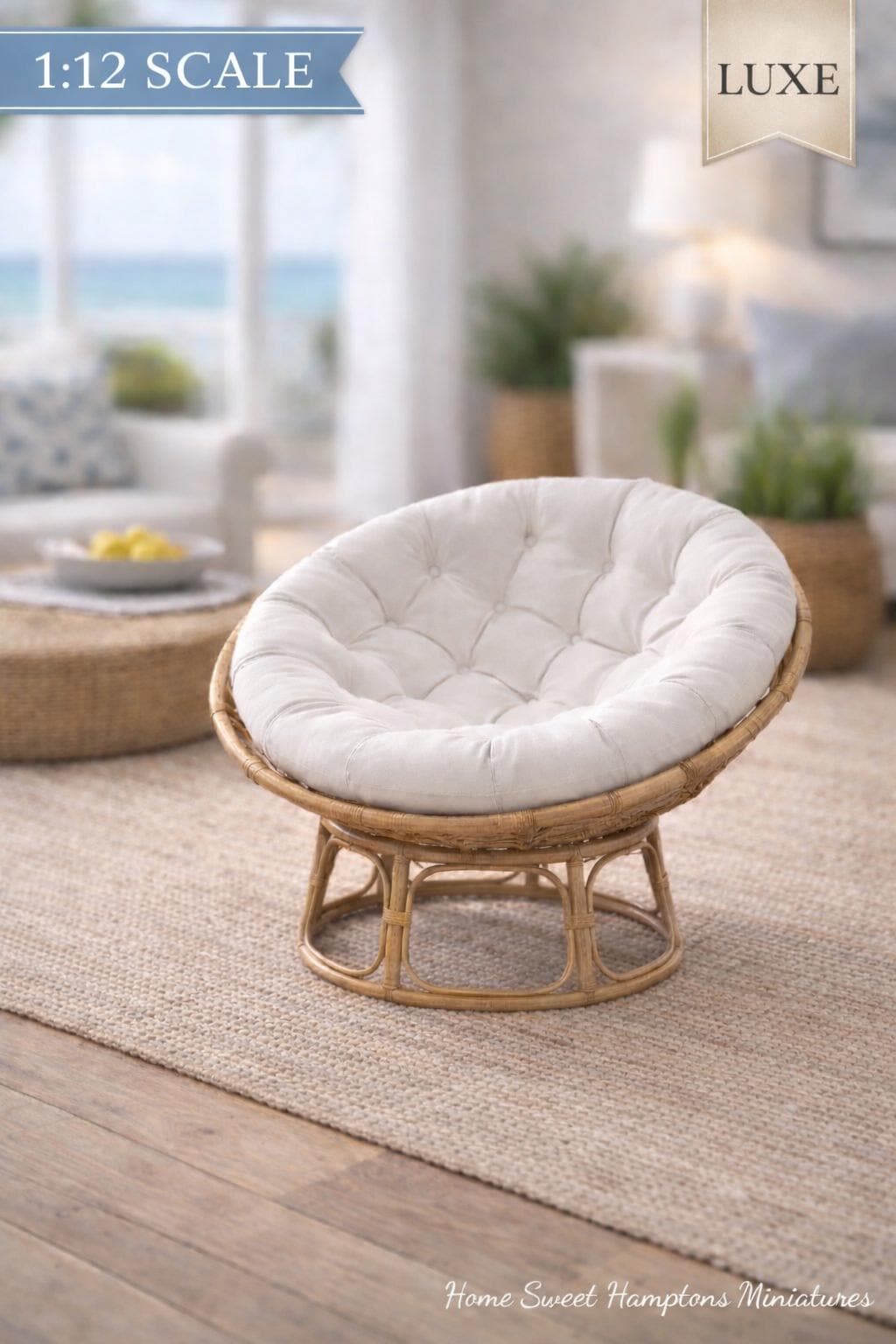 Miniature Papasan Chair | 1:12 Dollhouse Rattan Furniture | Hamptons Coastal Wicker Lounge Chair White