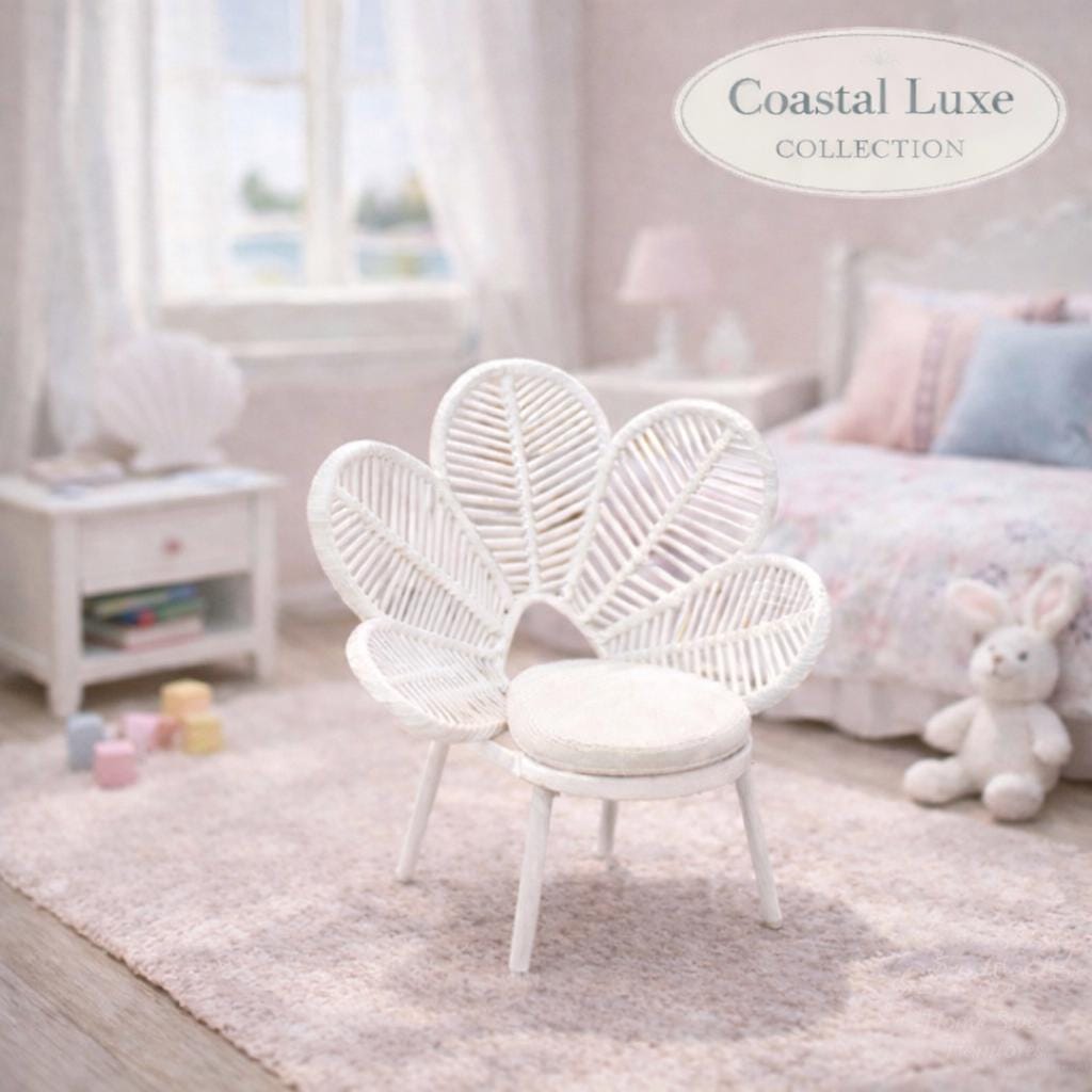 Dollhouse Flower Chair | 1:12 Hamptons Coastal Miniature Furniture | White Petal Rattan Accent Chair