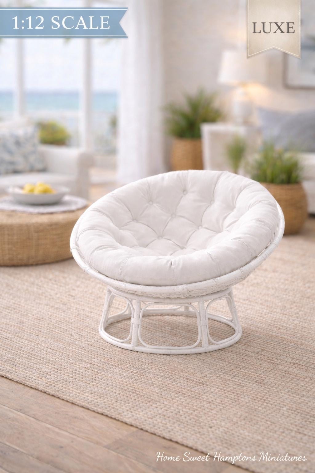 Dollhouse Papasan Chair | 1:12 Hamptons Coastal Miniature Furniture | White Rattan Lounge Chair with Tufted Cushion