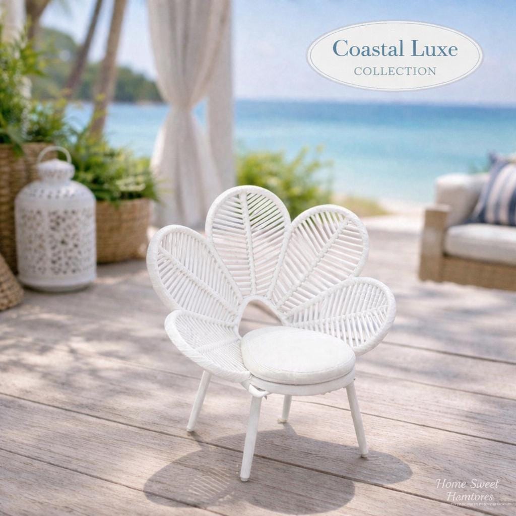 Dollhouse Flower Chair | 1:12 Hamptons Coastal Miniature Furniture | White Petal Rattan Accent Chair