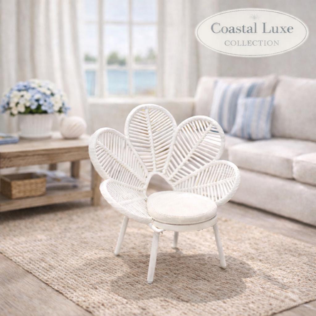 Dollhouse Flower Chair | 1:12 Hamptons Coastal Miniature Furniture | White Petal Rattan Accent Chair