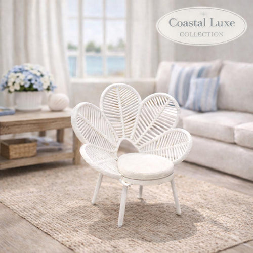 Dollhouse Flower Chair | 1:12 Hamptons Coastal Miniature Furniture | White Petal Rattan Accent Chair