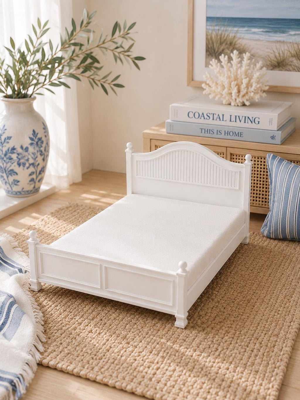 Dollhouse Hamptons Coastal Bed | 1:12 Miniature Bedroom Furniture | White Panel Bed Frame