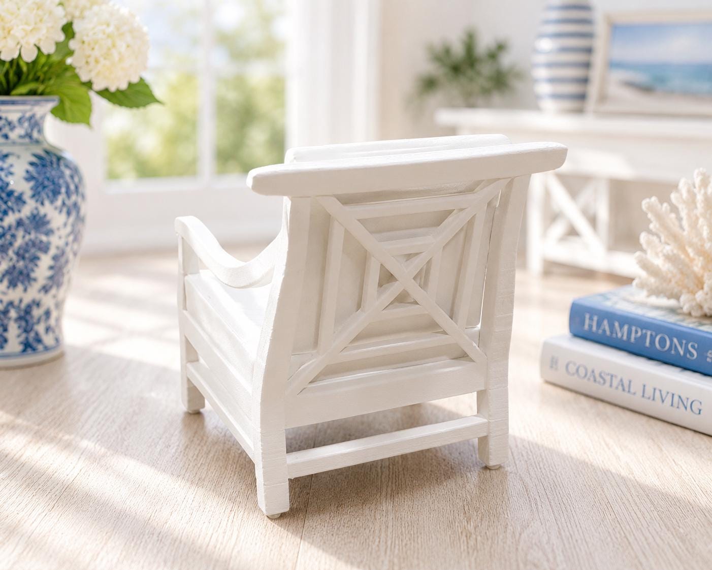 Dollhouse Cross X Accent Chair | 1:12 Hamptons Coastal Miniature Furniture | White Comfy Chair