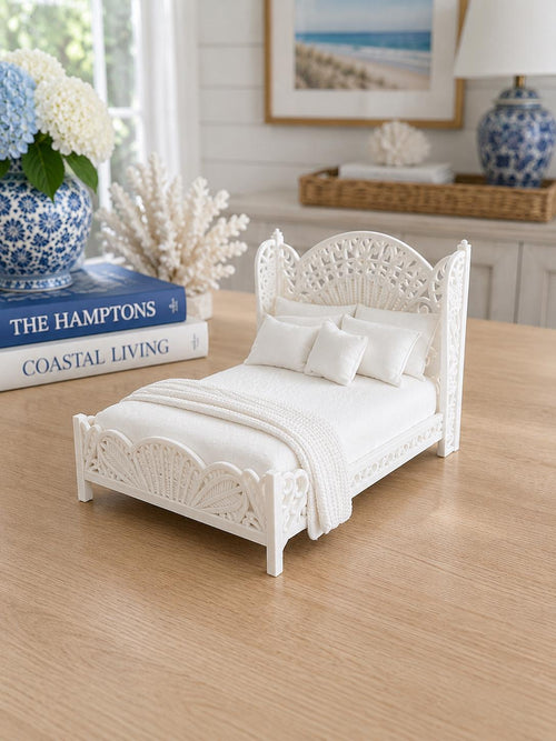 Dollhouse Fancy Bed and Bedding | 1:12 Hamptons Coastal Miniature Furniture | White Bedroom