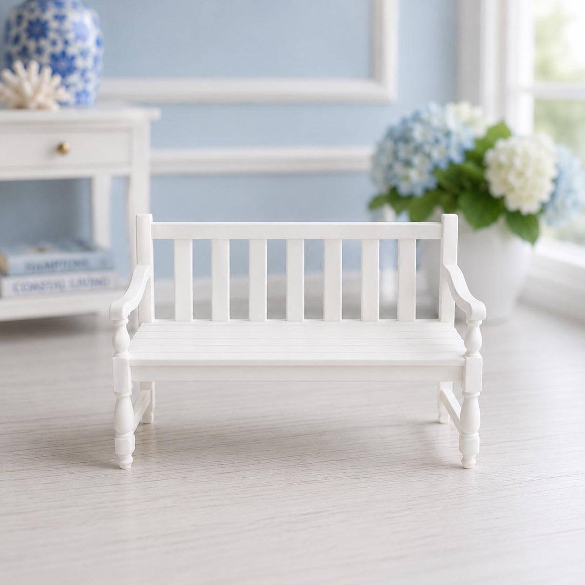 Hamptons Outdoor Garden Bench | 1:12 Dollhouse Miniature Furniture | Coastal Verandah Seat