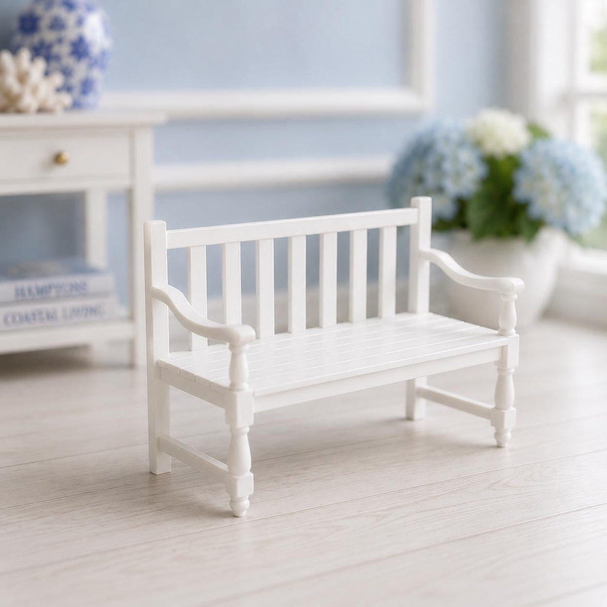 Hamptons Outdoor Garden Bench | 1:12 Dollhouse Miniature Furniture | Coastal Verandah Seat