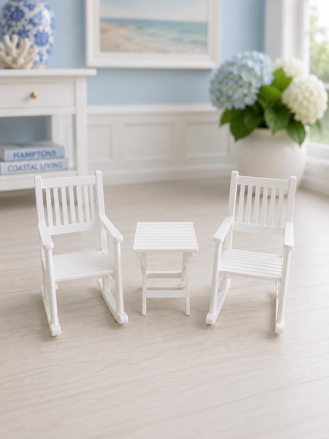 Dollhouse Hamptons Patio Set | 1:12 Coastal Miniature Furniture | White Table & Two Chairs