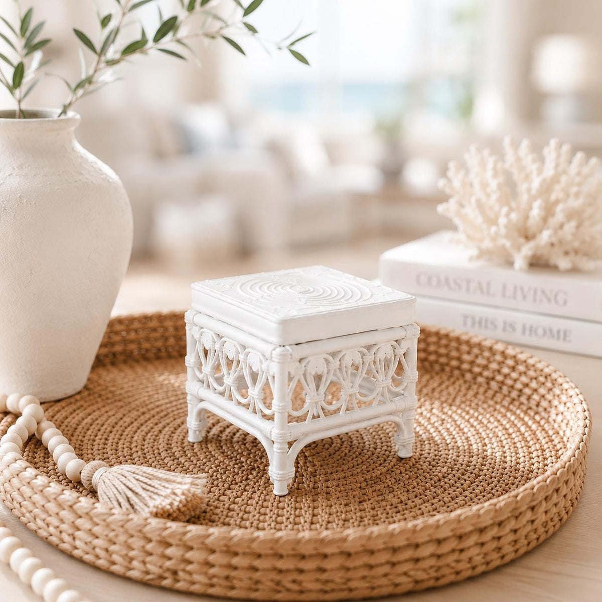Dollhouse Boho Stool Table | 1:12 Hamptons Coastal Miniature Furniture | White Accent Table