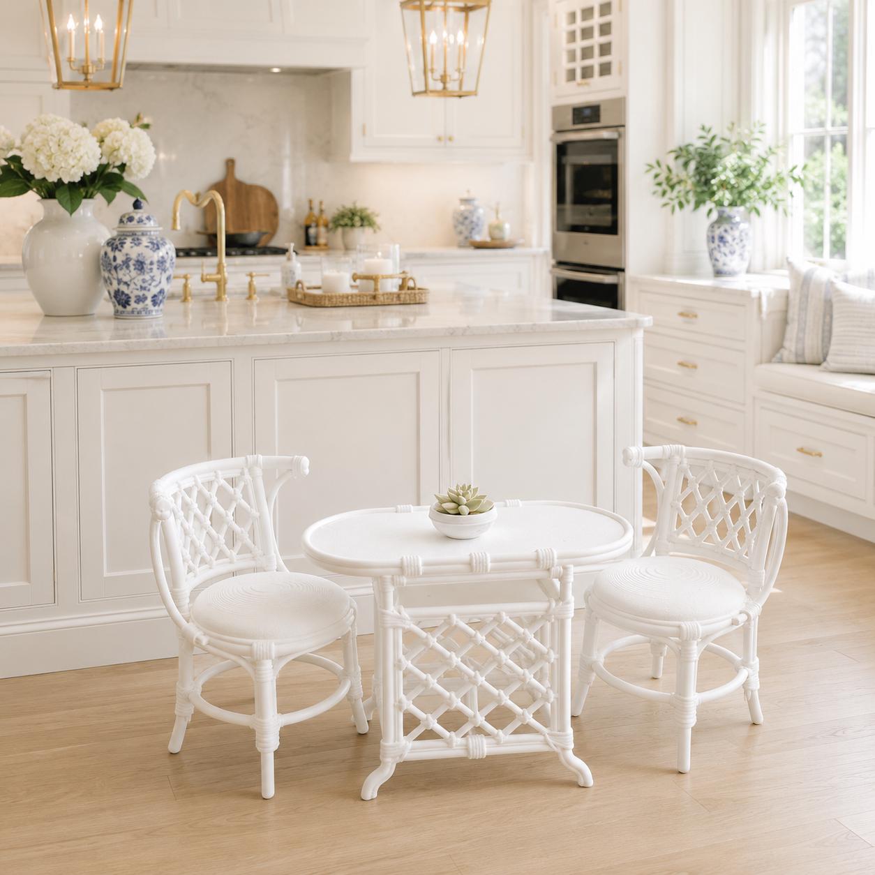 Dollhouse Hamptons Breakfast Table Set | 1:12 Coastal Miniature Furniture | Round Table & Two Lattice Chairs