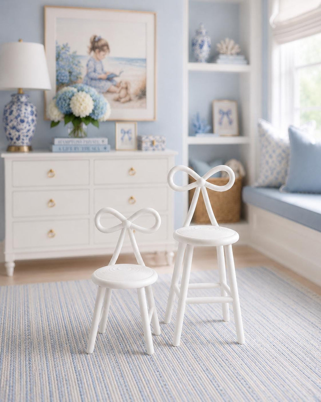 Dollhouse Bow Stool Set | 1:12 Hamptons Coastal Miniature Furniture | White Bow Back Counter & Vanity Stools