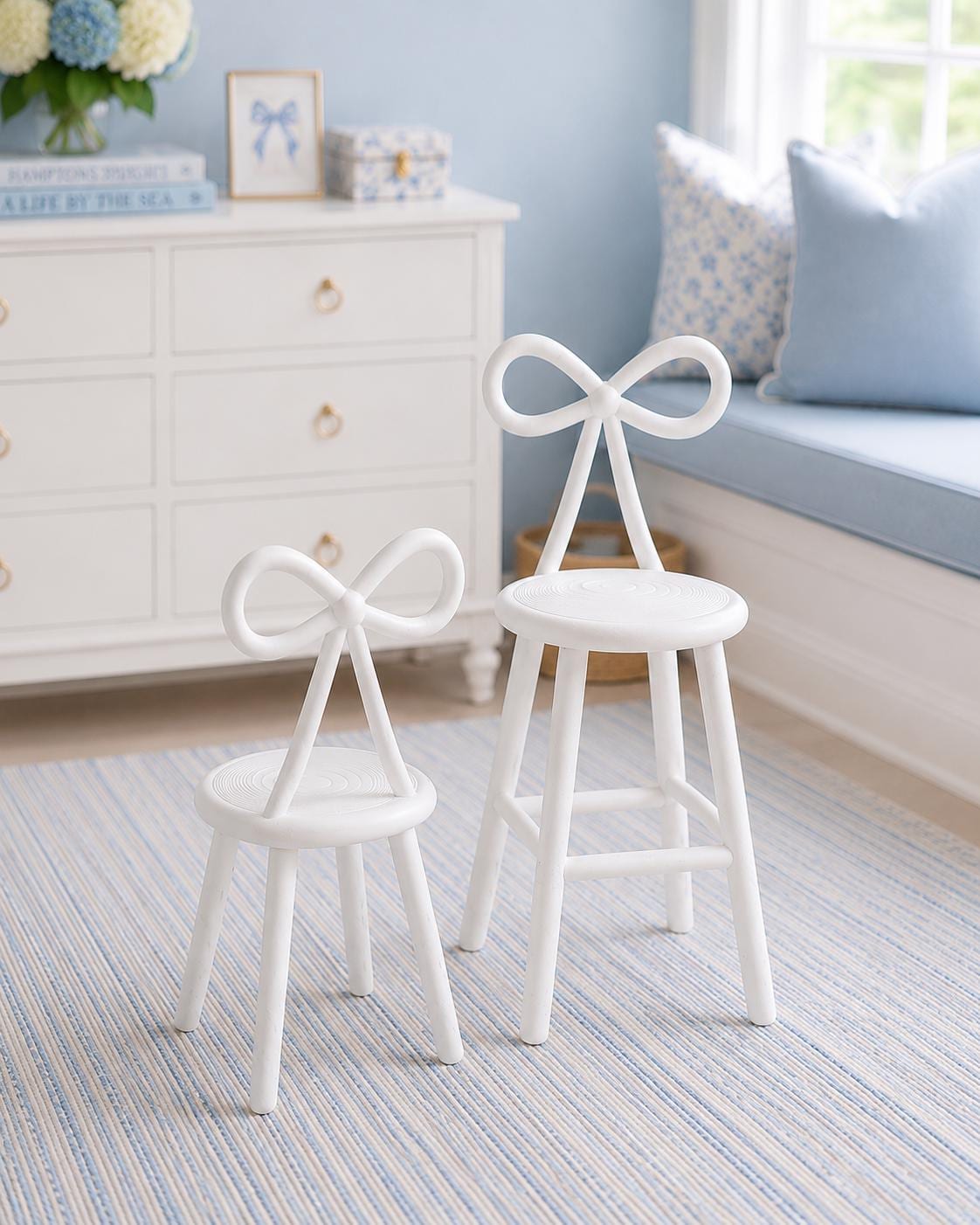 Dollhouse Bow Stool Set | 1:12 Hamptons Coastal Miniature Furniture | White Counter Stools