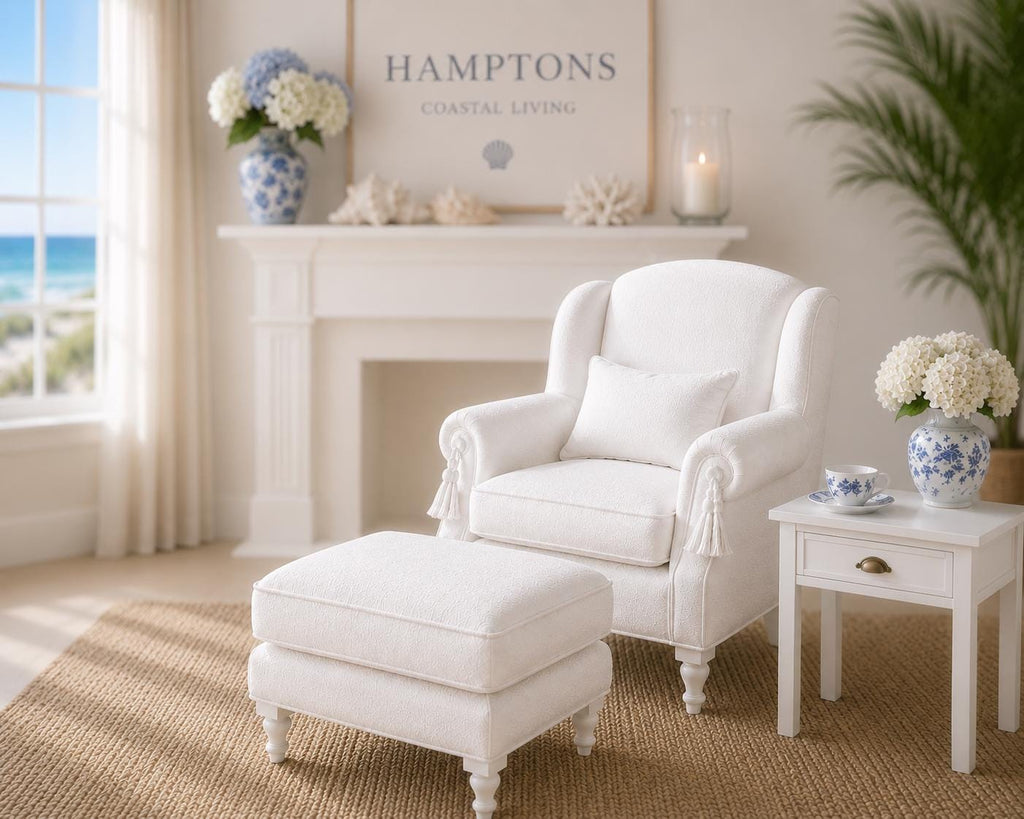 Dollhouse Armchair & Ottoman | 1:12 Hamptons Coastal Miniature Furniture | White Lounge Chair