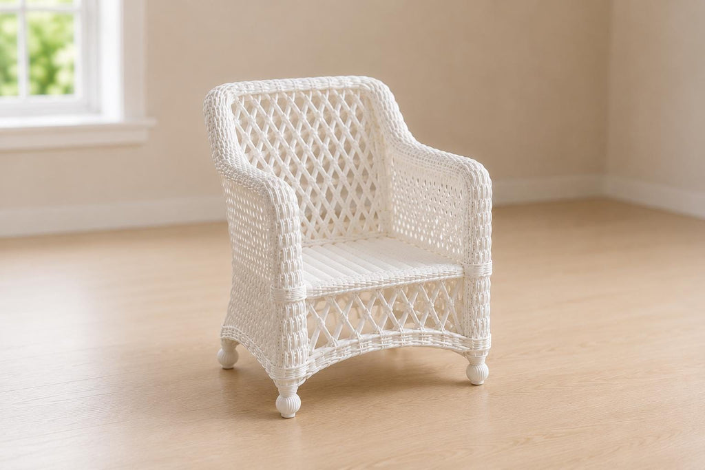Hamptons Wicker Chair & Coffee Table Set | 1:12 Dollhouse Miniature Furniture | Coastal Rattan Lounge Set