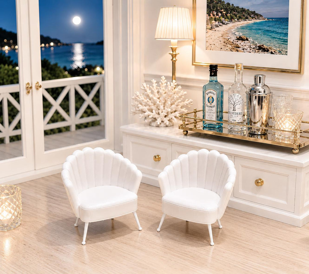 Dollhouse Shell Chair Set | 1:12 Hamptons Coastal Miniature Furniture | White Scallop Accent Chairs