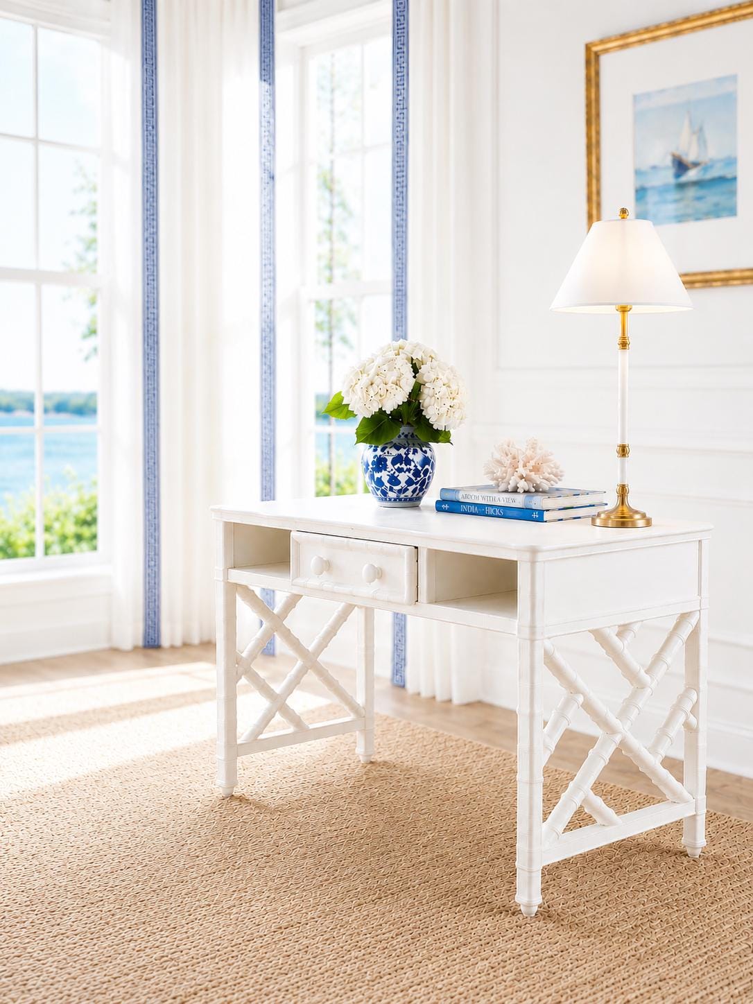 Dollhouse Hamptons Writing Desk | 1:12 Coastal Miniature Furniture | White Bamboo Style Desk Console Table
