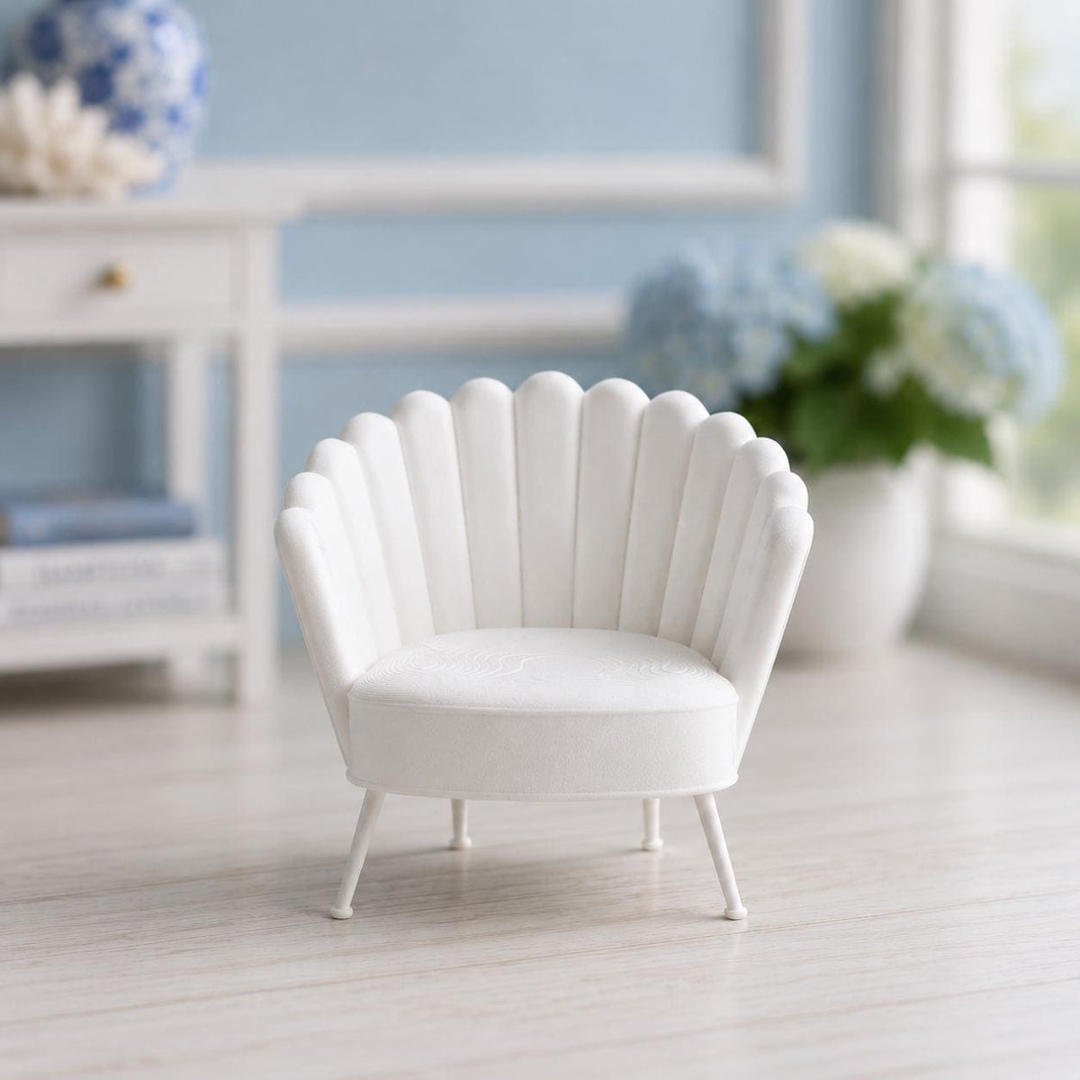 Dollhouse Shell Chair Set | 1:12 Hamptons Coastal Miniature Furniture | White Scallop Accent Chairs