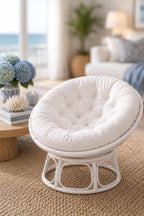 Dollhouse Papasan Chair | 1:12 Hamptons Coastal Miniature Furniture | White Rattan Lounge Chair with Tufted Cushion