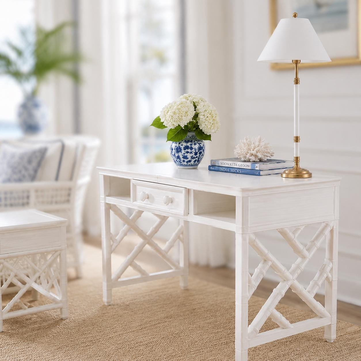 Dollhouse Desk Vanity Console | 1:12 Hamptons Coastal Miniature Office Furniture | White Desk