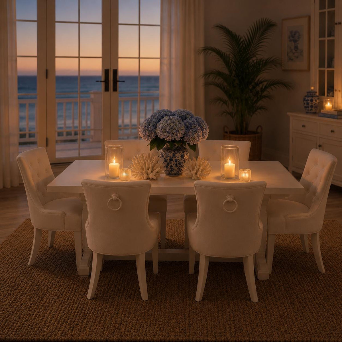 Hamptons Dining Table & Tufted Chair Set | 1:12 Dollhouse Miniature Dining Furniture