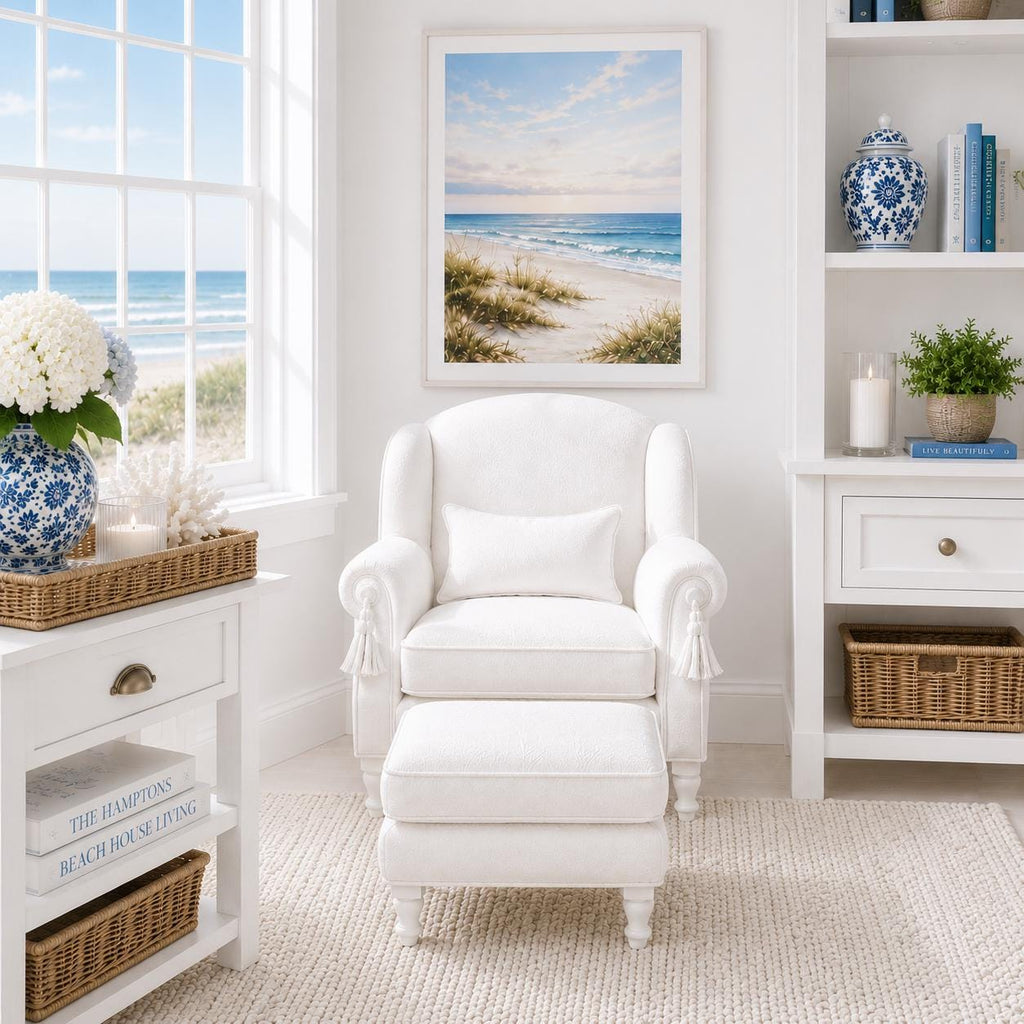 Hamptons Wingback Armchair & Ottoman | 1:12 Dollhouse Miniature Furniture | Coastal Chair Set