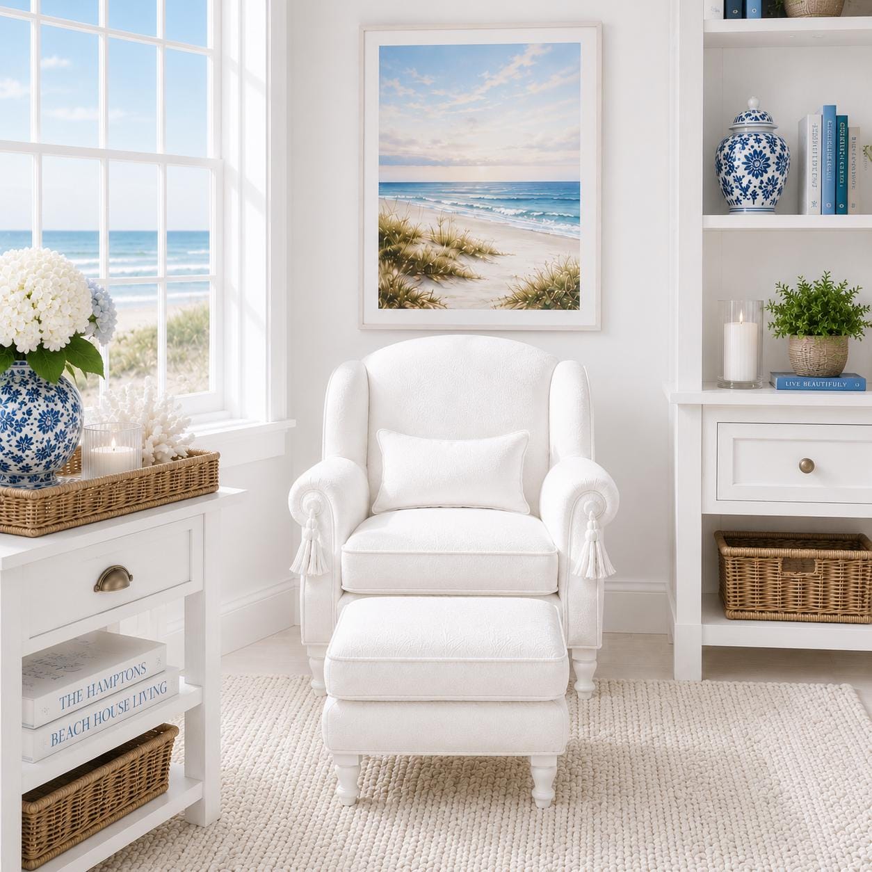 Hamptons Wingback Armchair & Ottoman | 1:12 Dollhouse Miniature Furniture | Coastal Chair Set