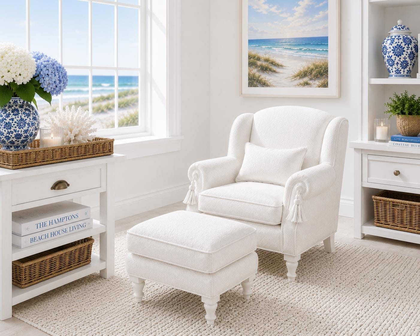 Hamptons Wingback Armchair & Ottoman | 1:12 Dollhouse Miniature Furniture | Coastal Chair Set