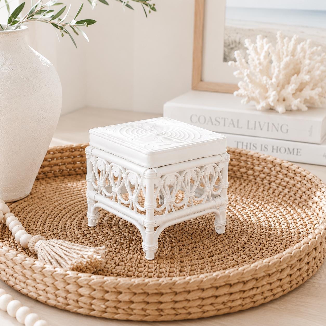 Dollhouse Boho Stool Table | 1:12 Hamptons Coastal Miniature Furniture | White Accent Table