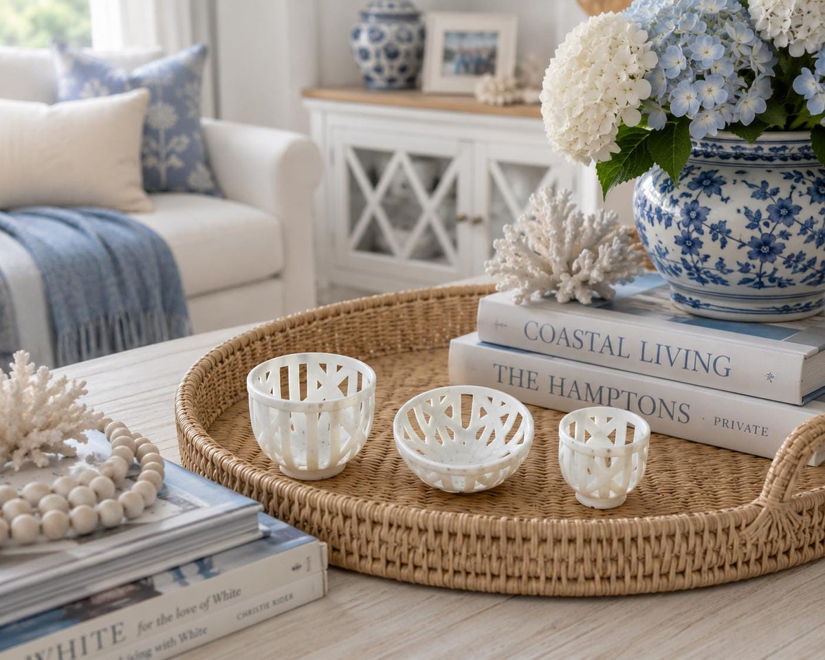 Dollhouse Decorative Basket Set | 1:12 Hamptons Miniature Storage Bowls | White Decor Accessories