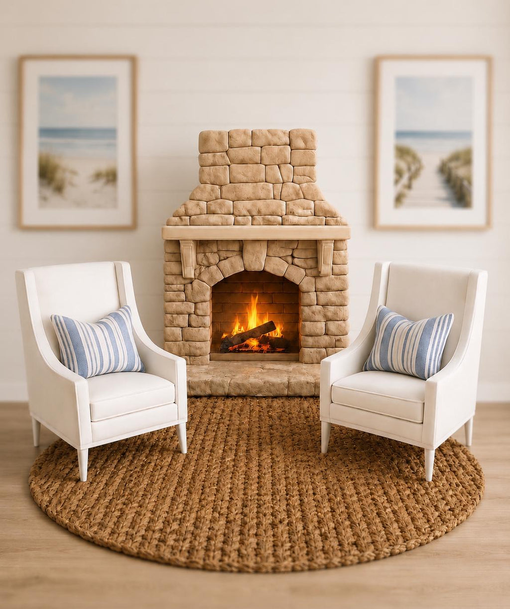 Dollhouse Fireplace Set | 1:12 Hamptons Coastal Living Room | Miniature Armchairs & Fireplace