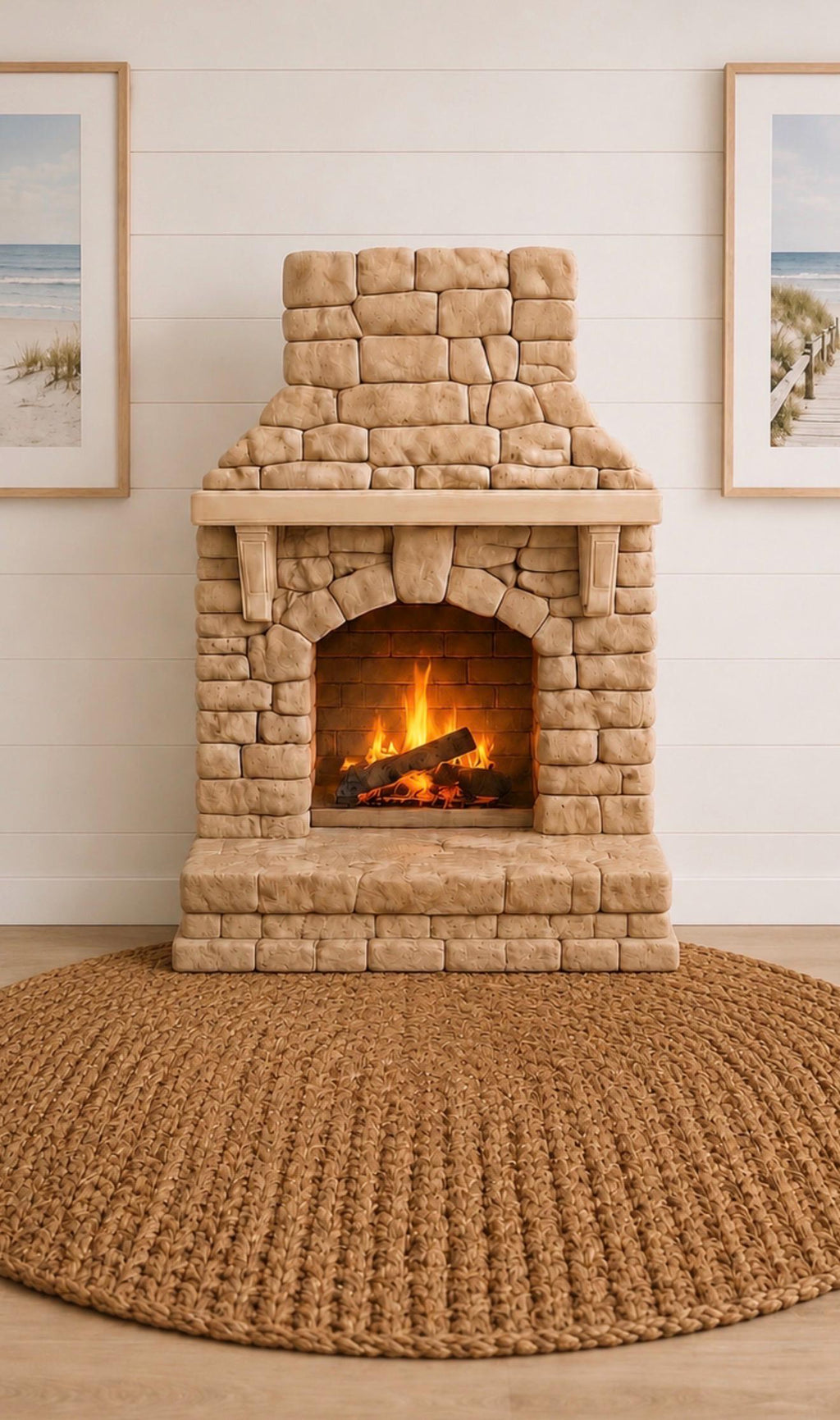 Dollhouse Stone Fireplace & Armchair Set | 1:12 Hamptons Coastal Miniature Furniture | White Fireplace & 2 Wingback Chairs