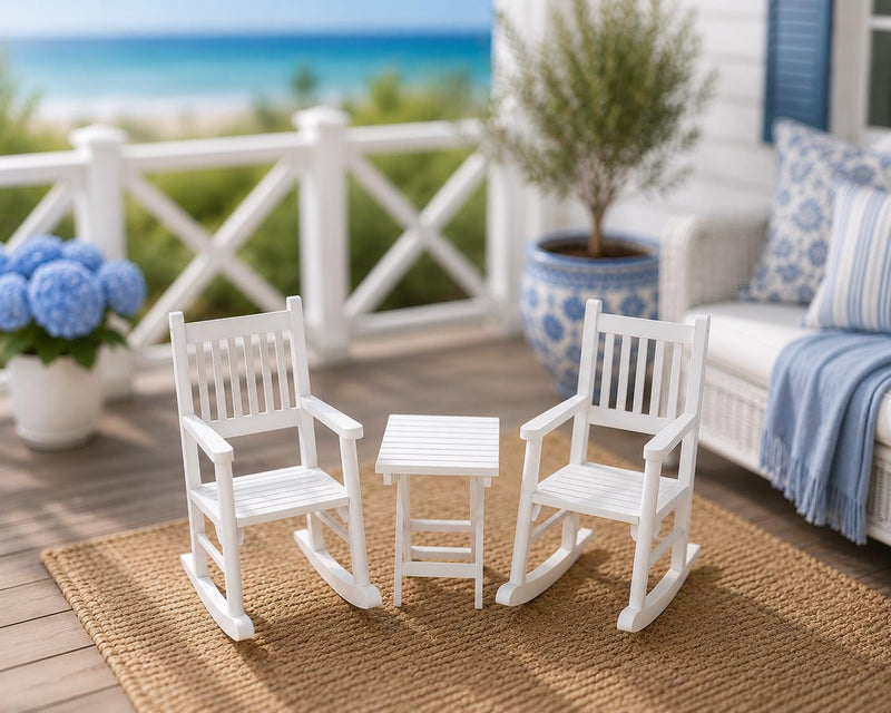 Dollhouse Outdoor Rocker and Table Set | 1:12 Hamptons Coastal Miniature Furniture | White Patio Table & Chairs