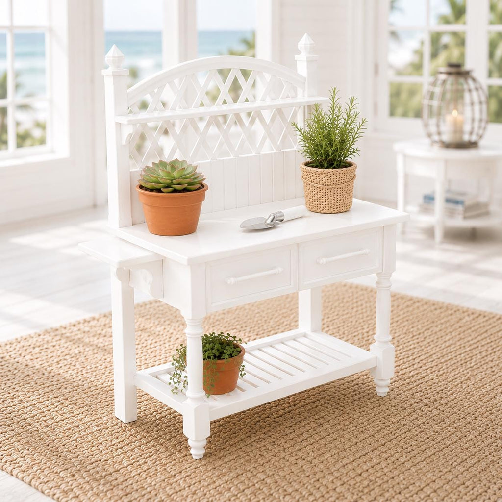 Dollhouse Gardener’s Potting Table | 1:12 Hamptons Coastal Miniature Furniture | White Garden Workbench