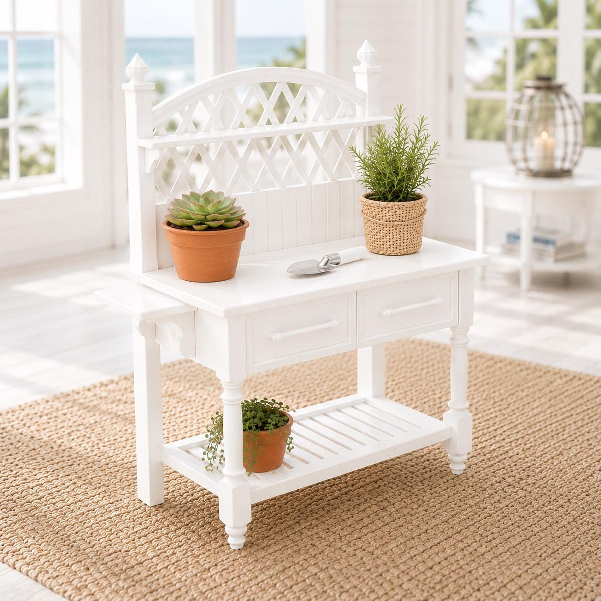 Dollhouse Gardener’s Potting Table | 1:12 Hamptons Coastal Miniature Furniture | White Garden Workbench