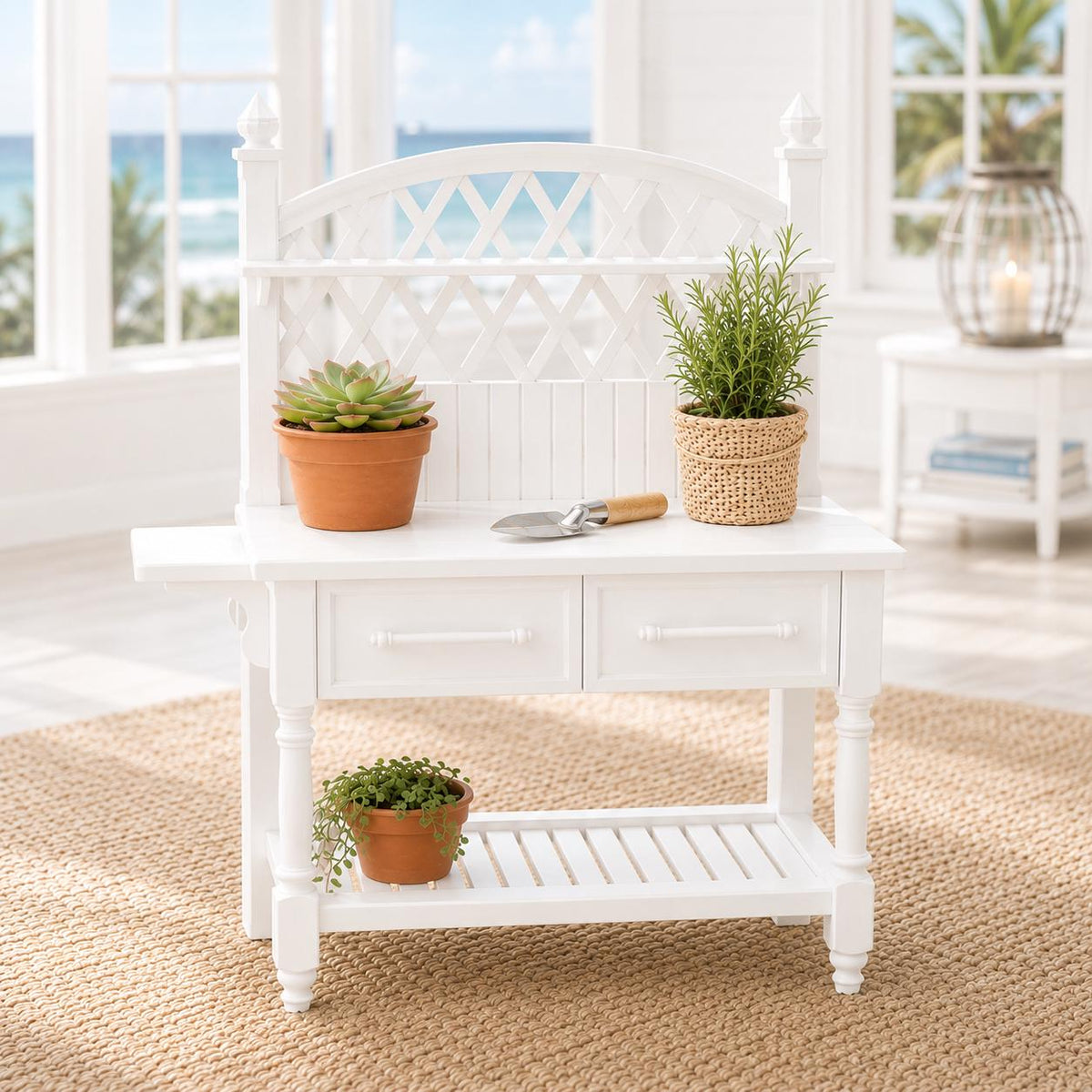 Dollhouse Gardener’s Potting Table | 1:12 Hamptons Coastal Miniature Furniture | White Garden Workbench