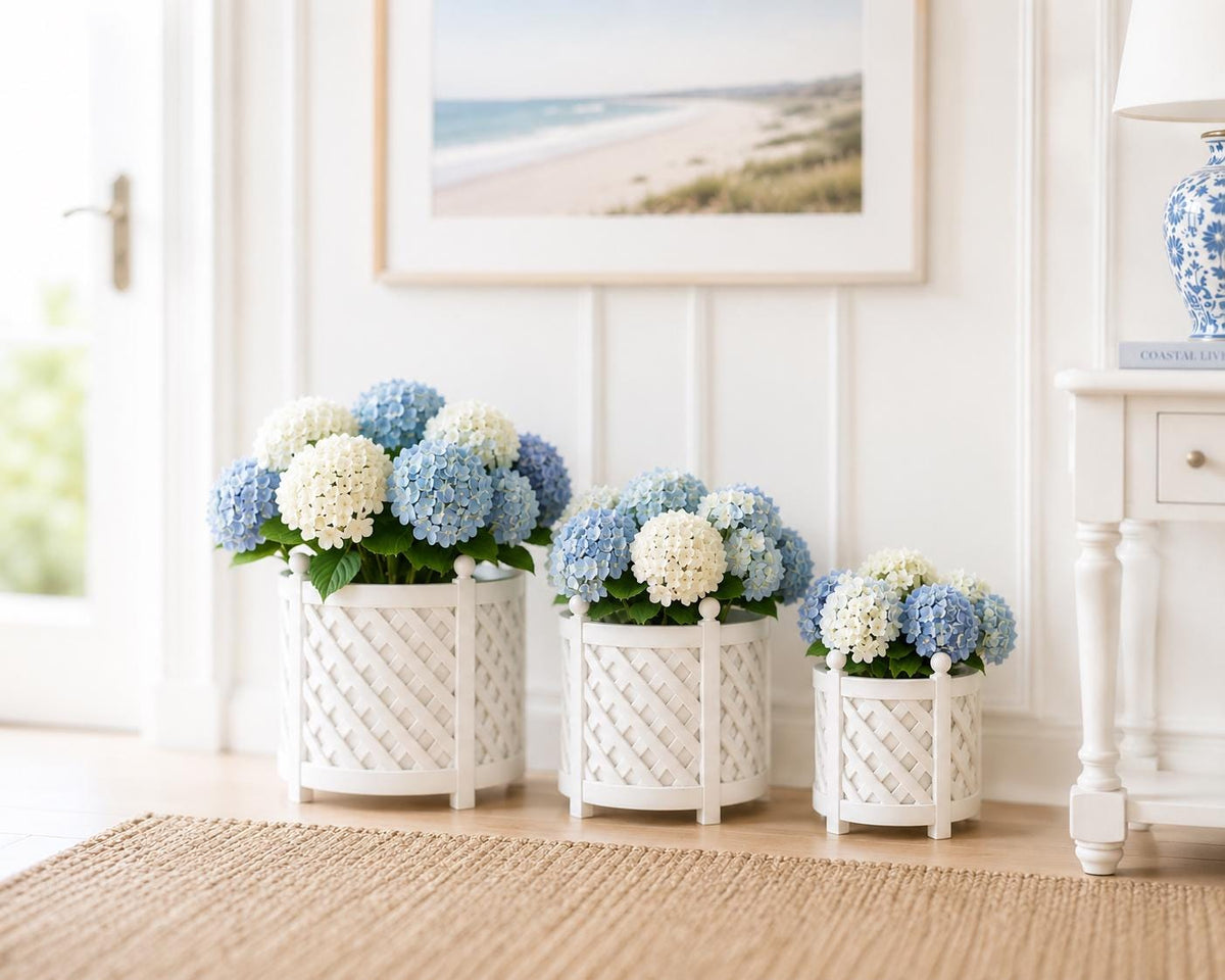 Hamptons Lattice Planter Pots | 1:12 Dollhouse Miniature Planters | Coastal Garden Décor