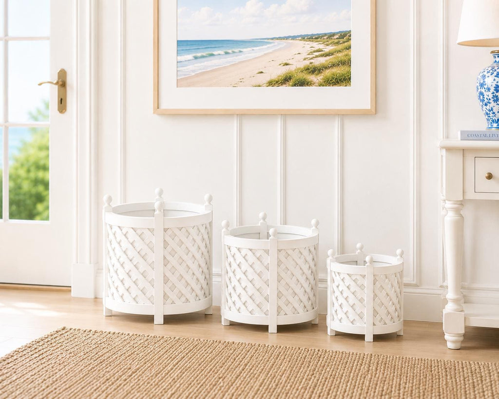 Dollhouse Planter Pot Set | 1:12 Hamptons Coastal Miniature Decor | White Lattice Plant Pots