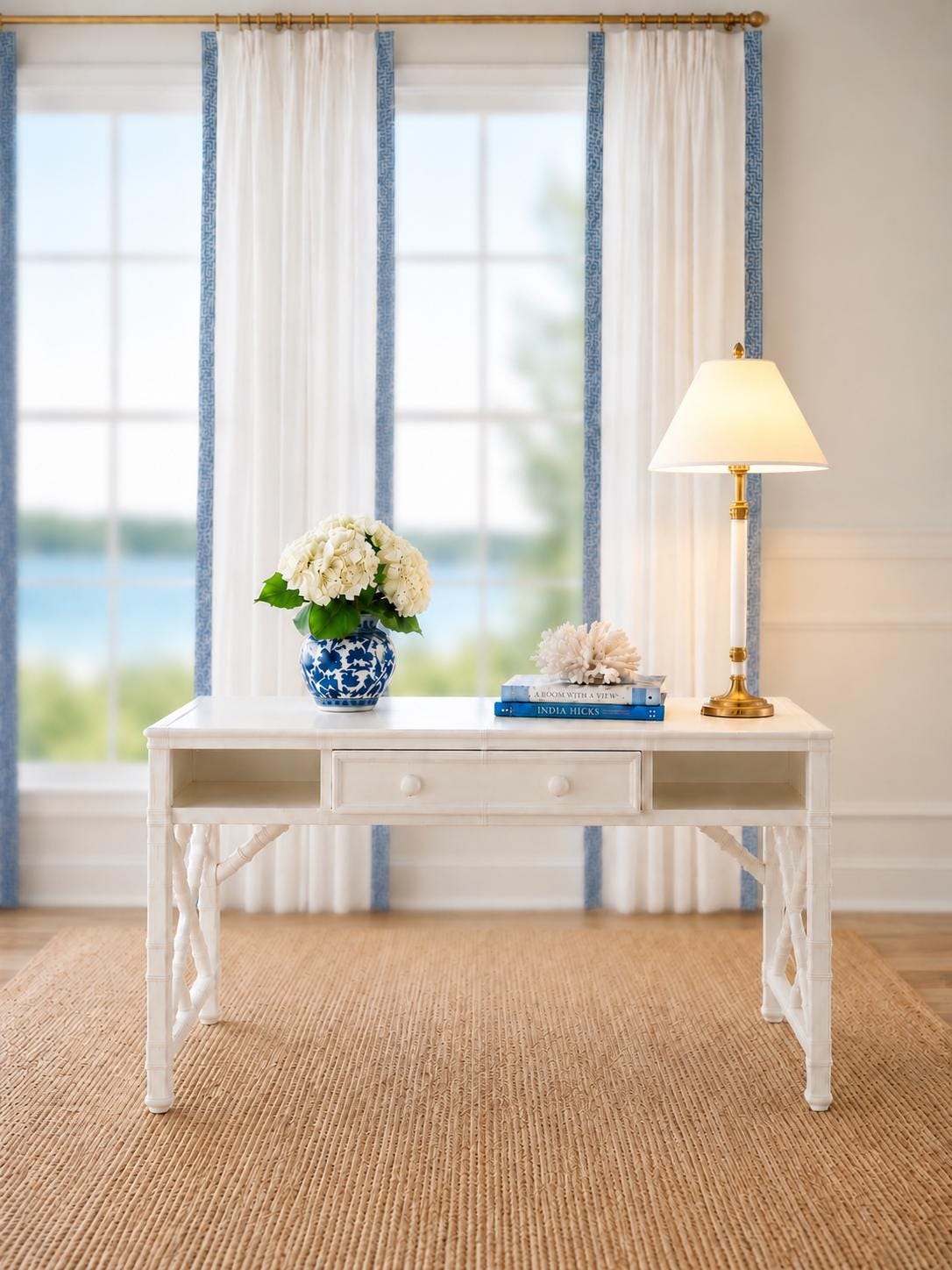 Dollhouse Hamptons Writing Desk | 1:12 Coastal Miniature Furniture | White Bamboo Style Desk Console Table