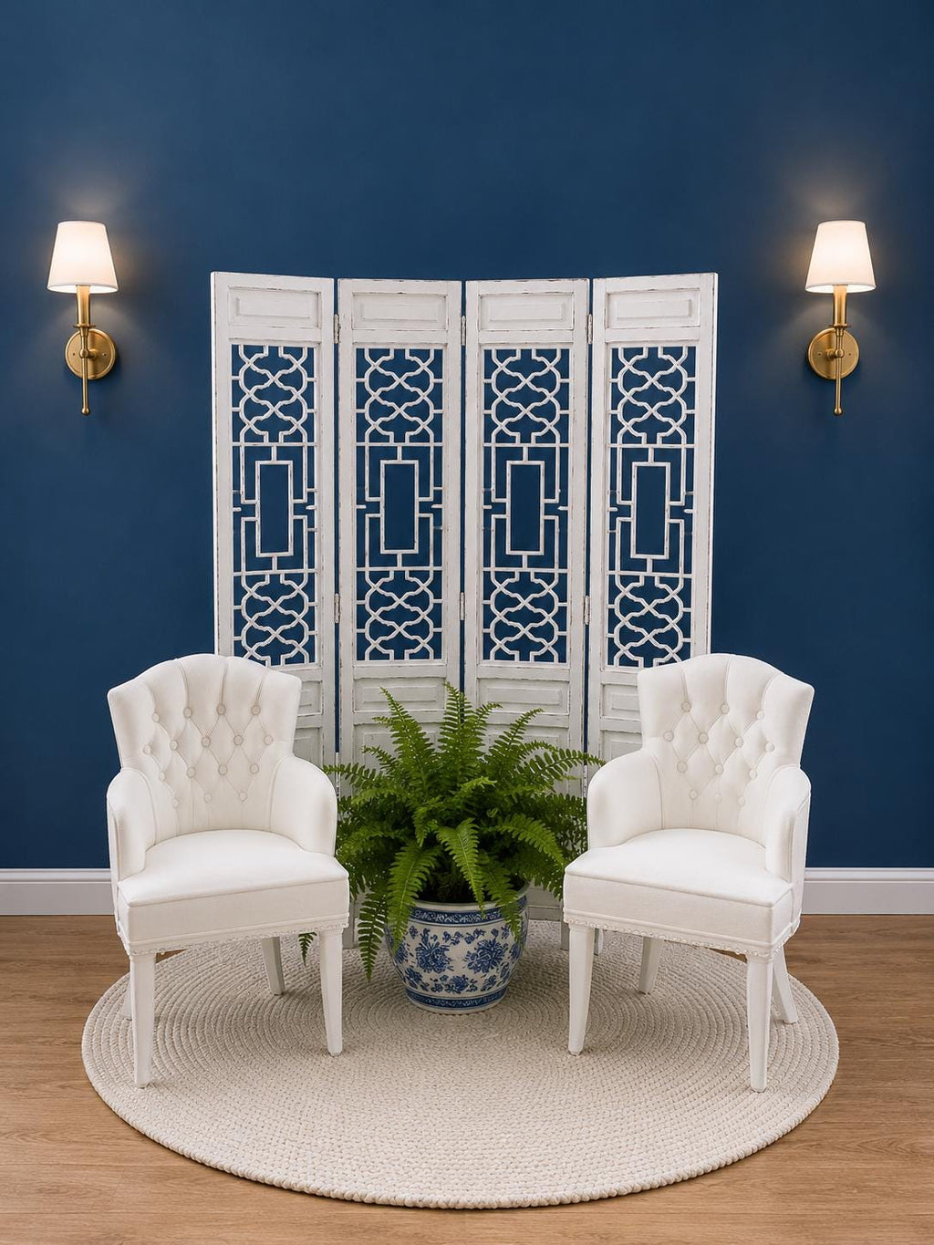 Hamptons Tufted Armchair & Decorative Screen Set | 1:12 Dollhouse Miniature Furniture | Coastal Chair