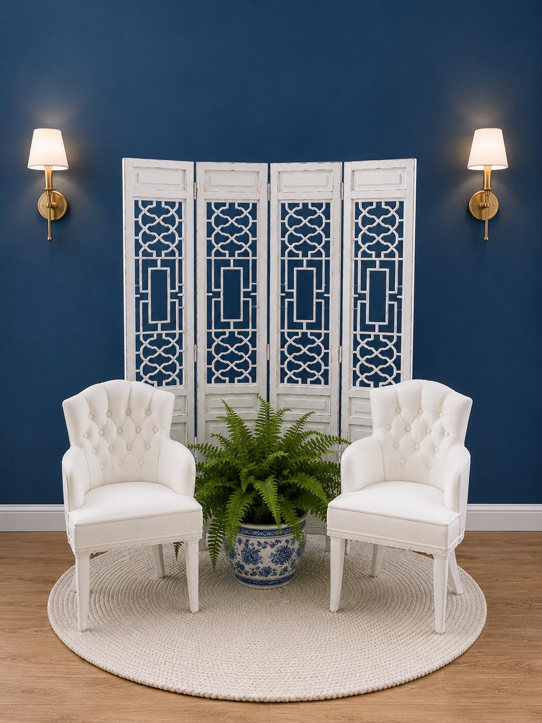 Hamptons Tufted Armchair & Decorative Screen Set | 1:12 Dollhouse Miniature Furniture | Coastal Chair