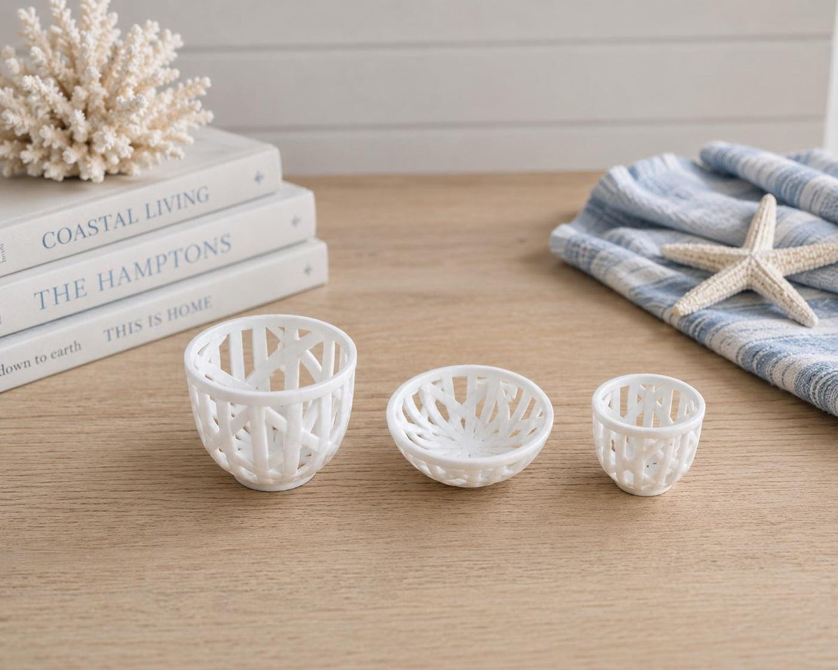 Dollhouse Decorative Basket Set | 1:12 Hamptons Coastal Miniature Decor | White Woven Style Baskets Set of 3