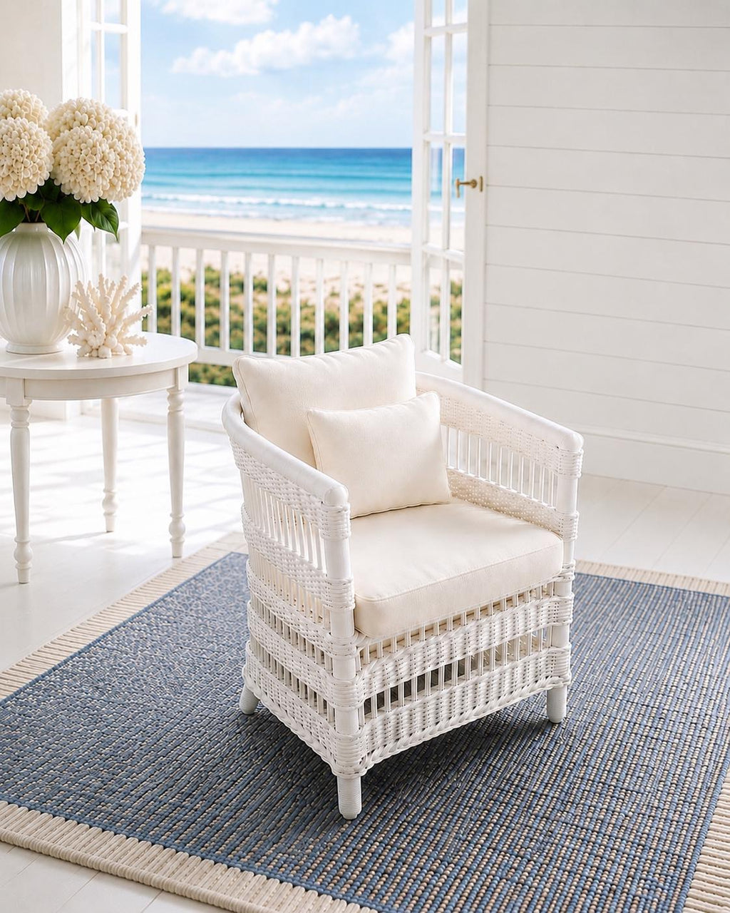 Dollhouse Armchair | 1:12 Wicker-look Hamptons Coastal Miniature Chair | Luxe White Outdoor Furniture