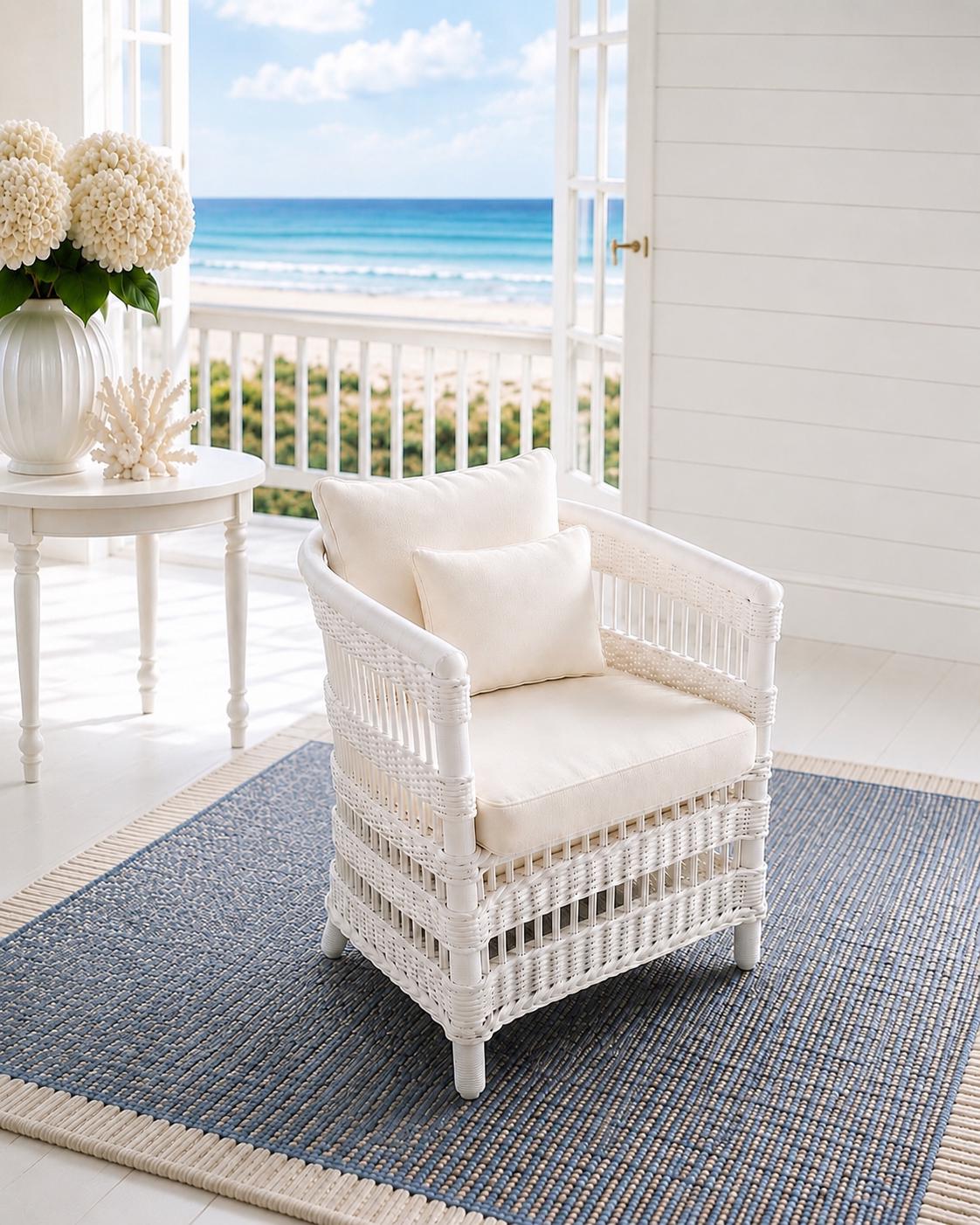 Dollhouse Armchair | 1:12 Wicker-look Hamptons Coastal Miniature Chair | Luxe White Outdoor Furniture